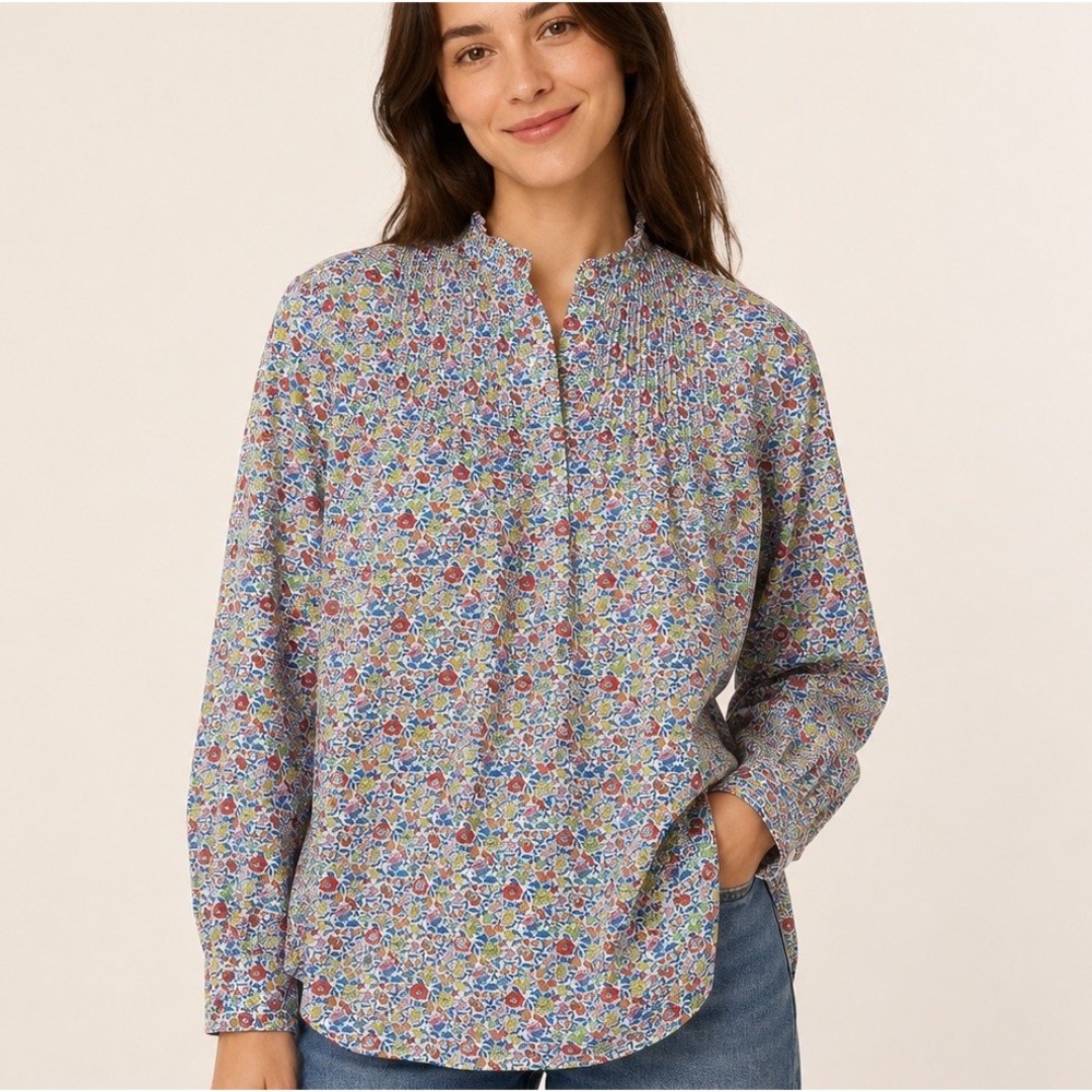 J.Crew Liberty Fabric Floral Popover Blouse Size 0 Cotton Pintuck Relaxed Fit
